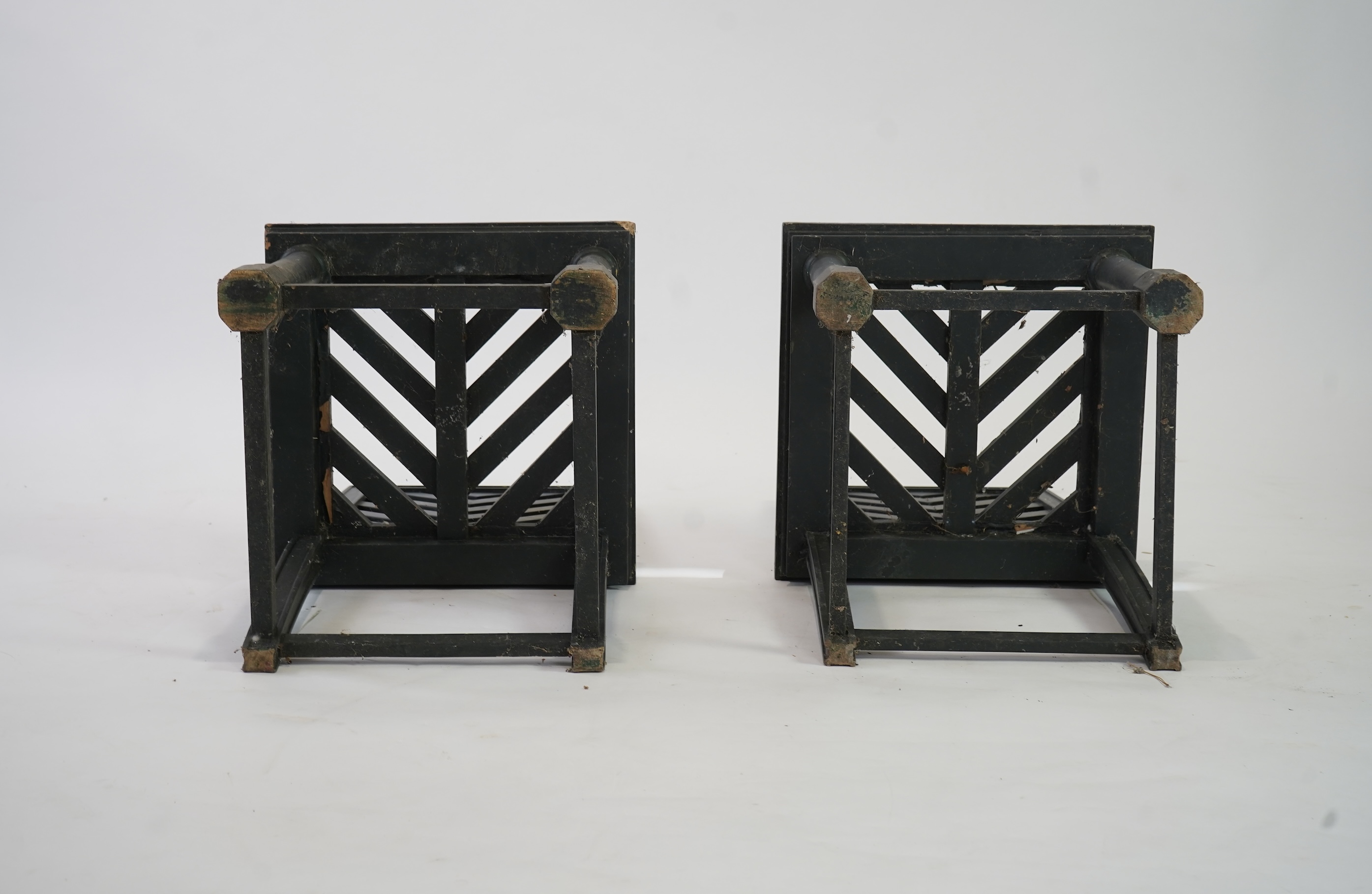 A set of fourteen green painted beech garden chairs, designed by Emilio Terry for the Theatre de Verdue, Chateau De Groussay